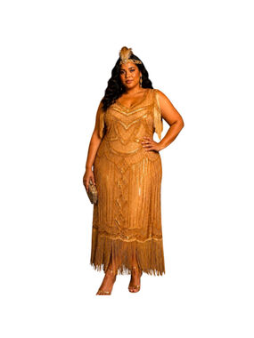 Babeyond Gold Art Deco Flapper Dress 3XL NWT Fringe Beaded Gatsby Midi